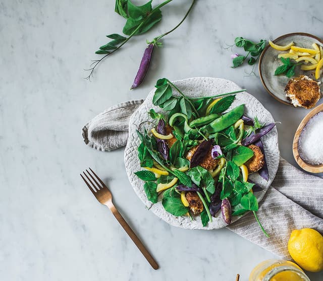 Snap Pea Salad with Preserved Lemon and Goat Cheese Medallions