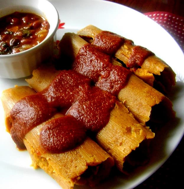 Chicken and Vegetarian Tamales With Red Mole Sauce