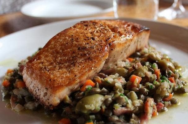 Salmon with Lentils, Bacon and Gordal Olives