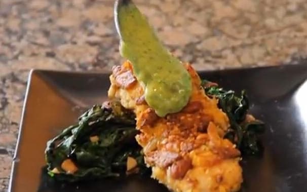 Mexicali Grouper with Chorizo Grits, Rainbow Chard and Avocado Aioli