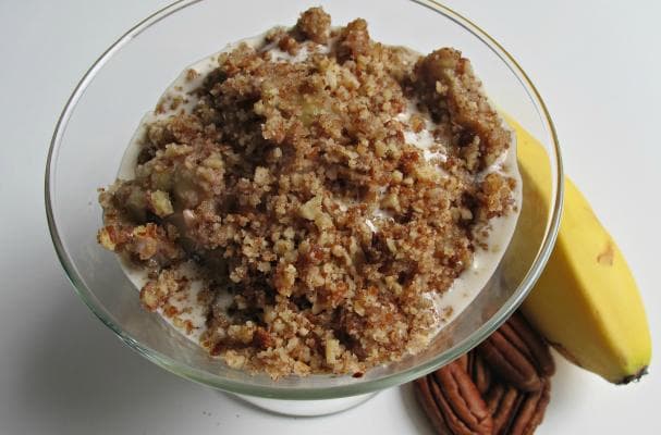 Gluten Free Coconut Mousse with Baked Banana and Pecan Topping
