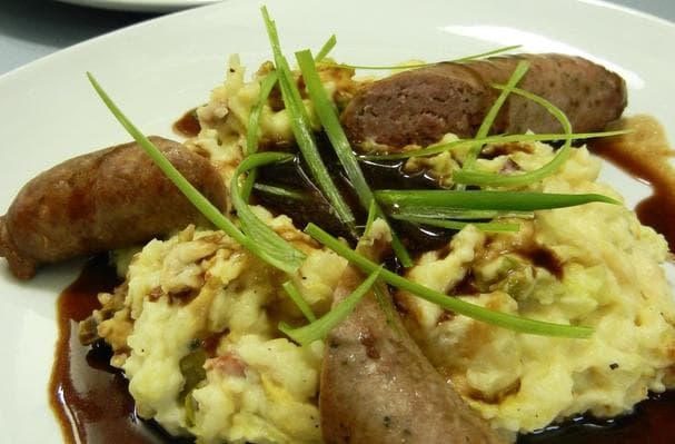Bangers and Colcannon with Brown Sugar Guinness Gravy