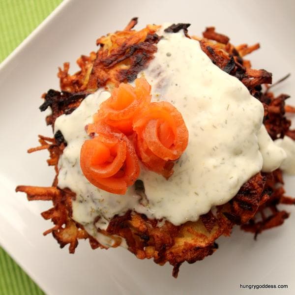 Potato Parsnip Pancakes with Dill Creme Fraiche & Smoked Salmon