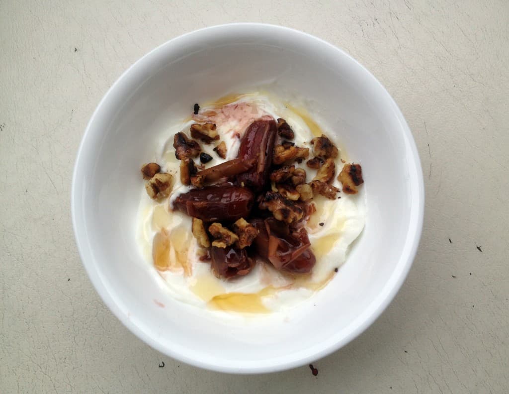 Greek Yogurt with Red Wine-Infused Dates, Toasted Walnuts & Honey