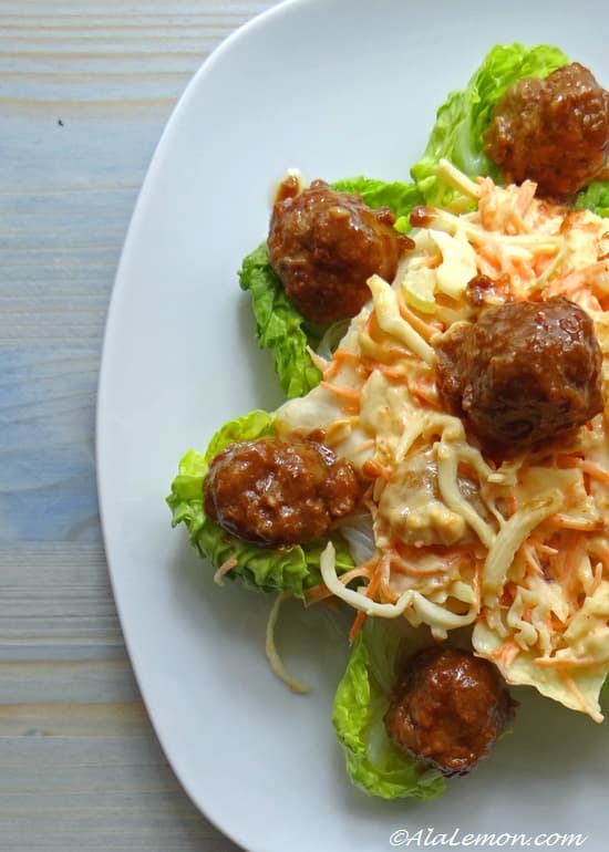 Hoisin-glazed meatballs with spicy coleslaw