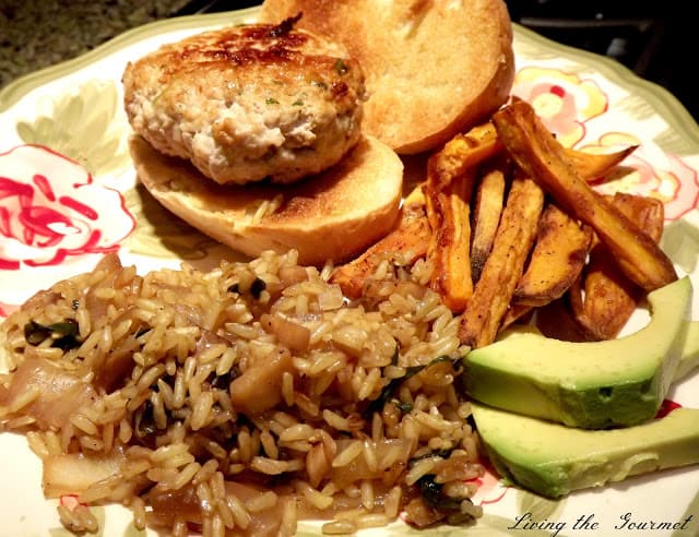 Pork Burgers with Gingered Rice and Sweet Potato Fries