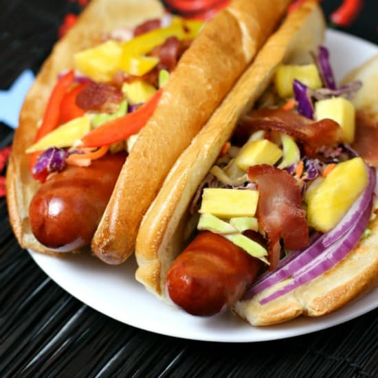 Hot Dogs with Pineapple Bacon Chipotle Slaw 