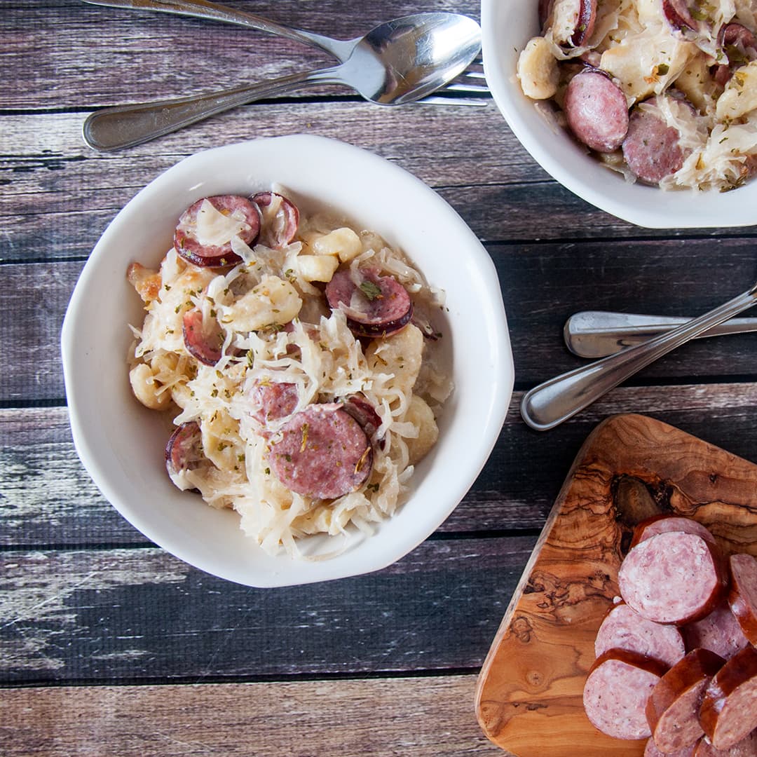 Sauerkraut and Sausage Knoephla Skillet Dish