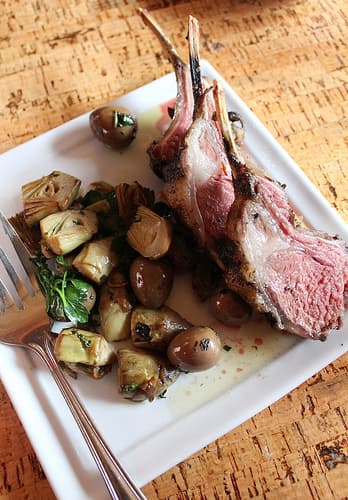 Rack of Lamb with Artichokes Roasted with Olives and Mint