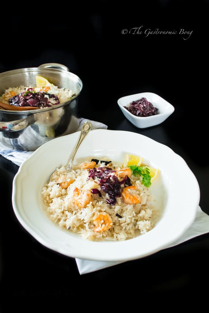 One Pot Coconut Rice with Prawns topped with Caramelized Onion