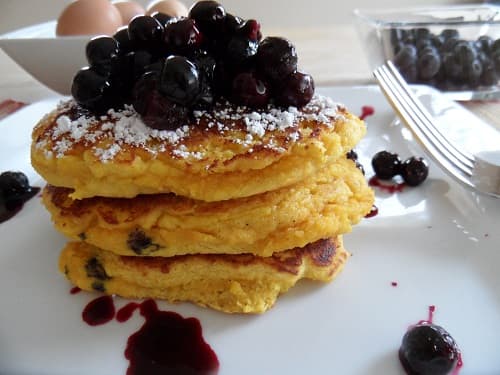Coconut Flour Pancakes with Blueberry Honey Compote