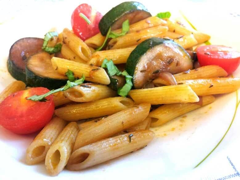 Penne and zucchini tossed with a spicy Shiraz sauce