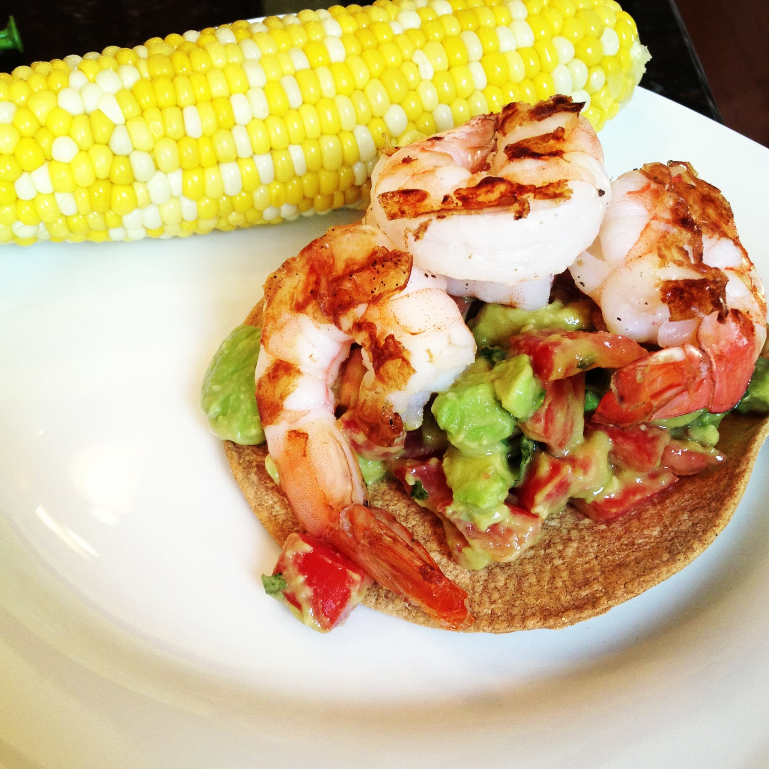 Avocado & Tomato Salad Topped with Grilled Shrimp