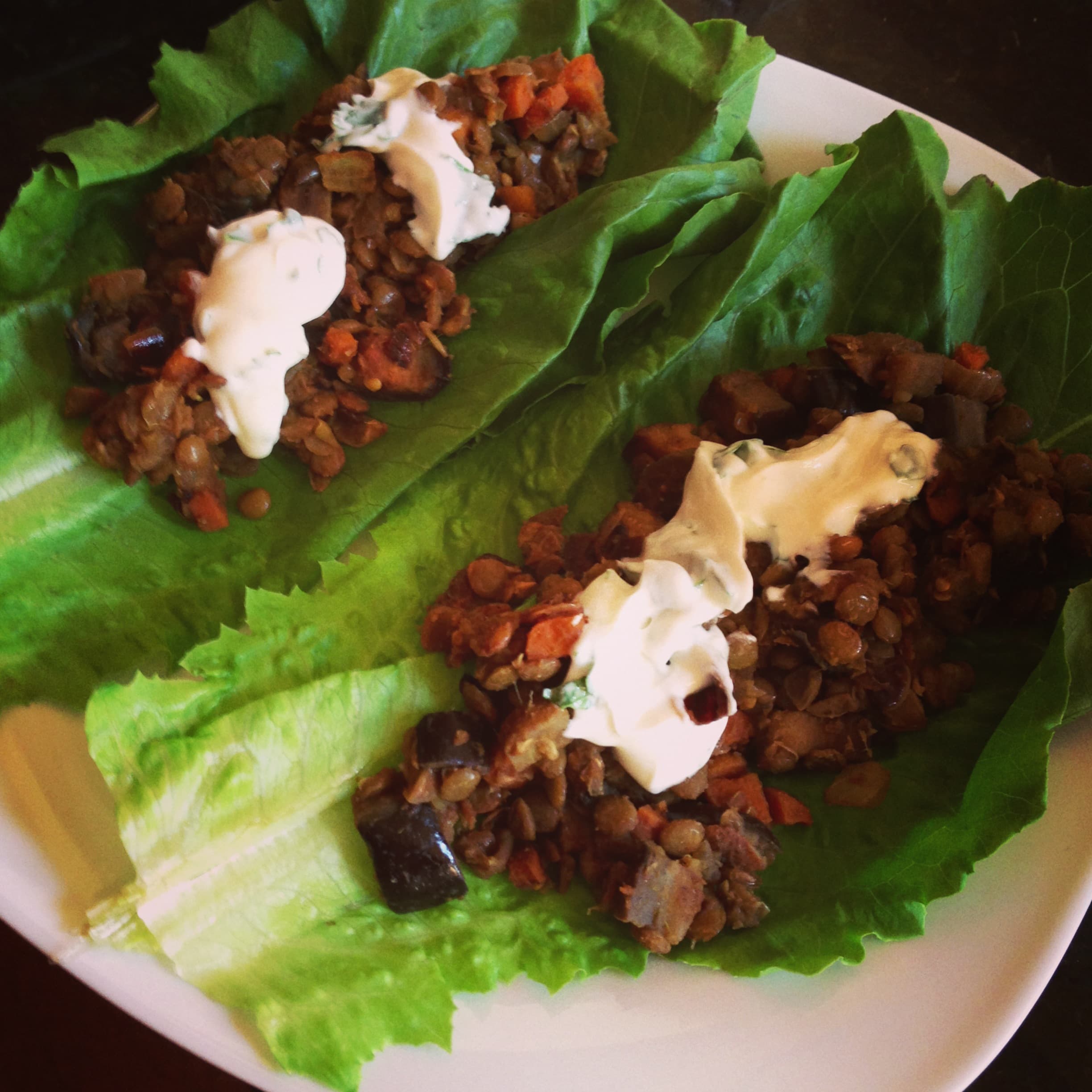 Curry Lentil & Eggplant Lettuce Tacos