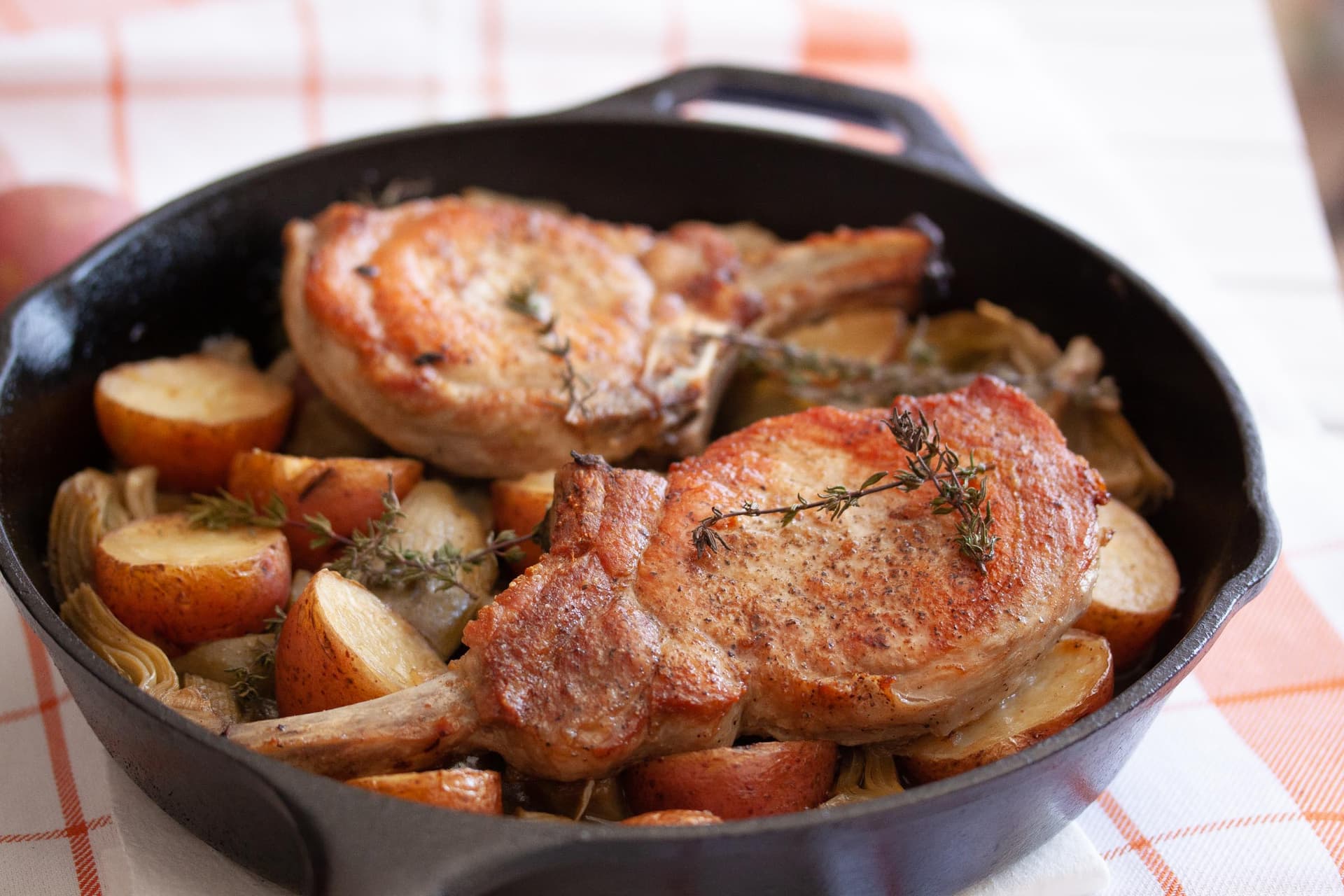 Roast Pork Chop with Artichokes and Potatoes