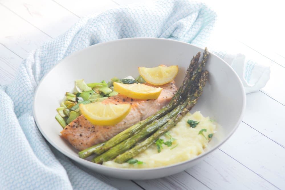SALMON WITH PARSNIP MASH AND SAUTEED LEEKS