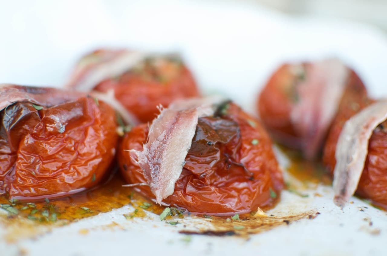 Savory Slow Roasted Tomatoes with Filet of Anchovy