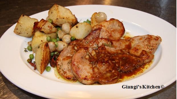 White Balsamic Pork CHops with Roasted Potatoes and Peas