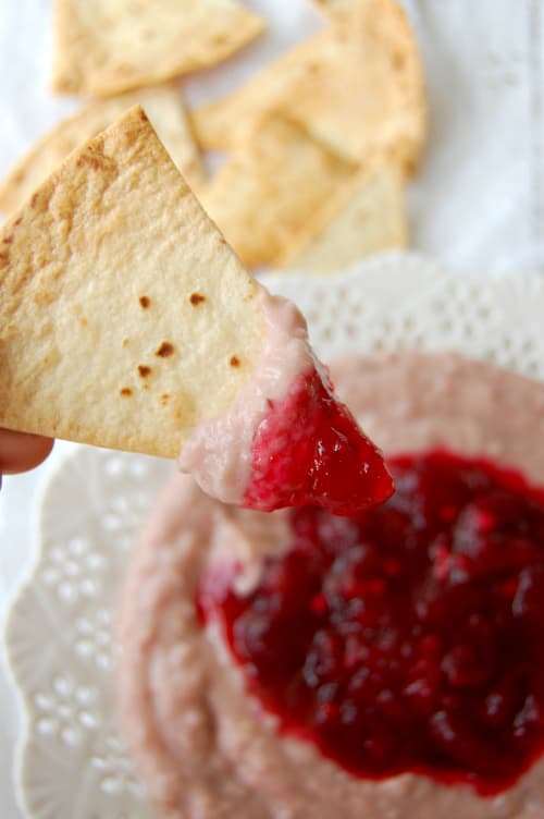 White Beans & Cranberry Chutney Dip with Homemade Tortilla Chips
