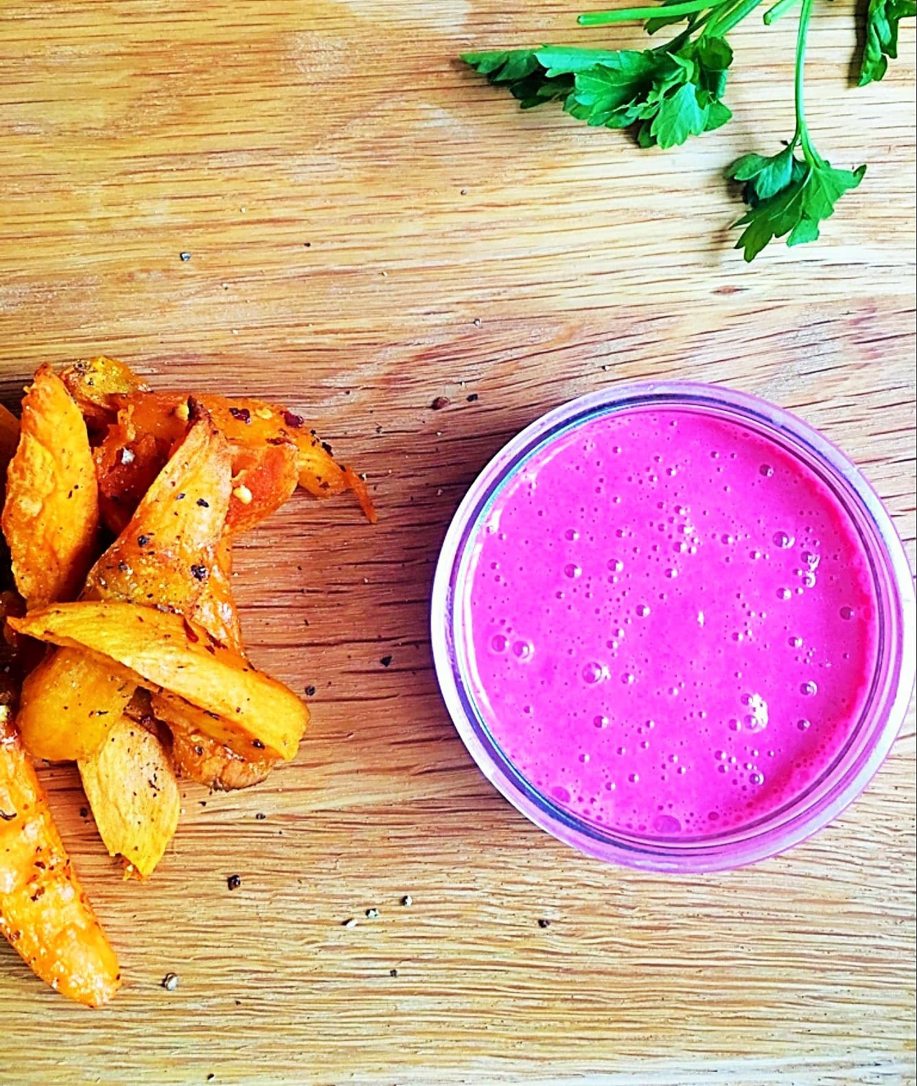 Oven Roasted Sweet Potatoes with a Beetroot Yoghurt Dip