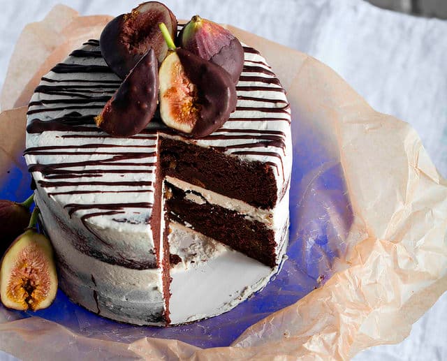 Gluten Free Chocolate Cake with Red Wine-Soaked Figs and Vegan Buttercream