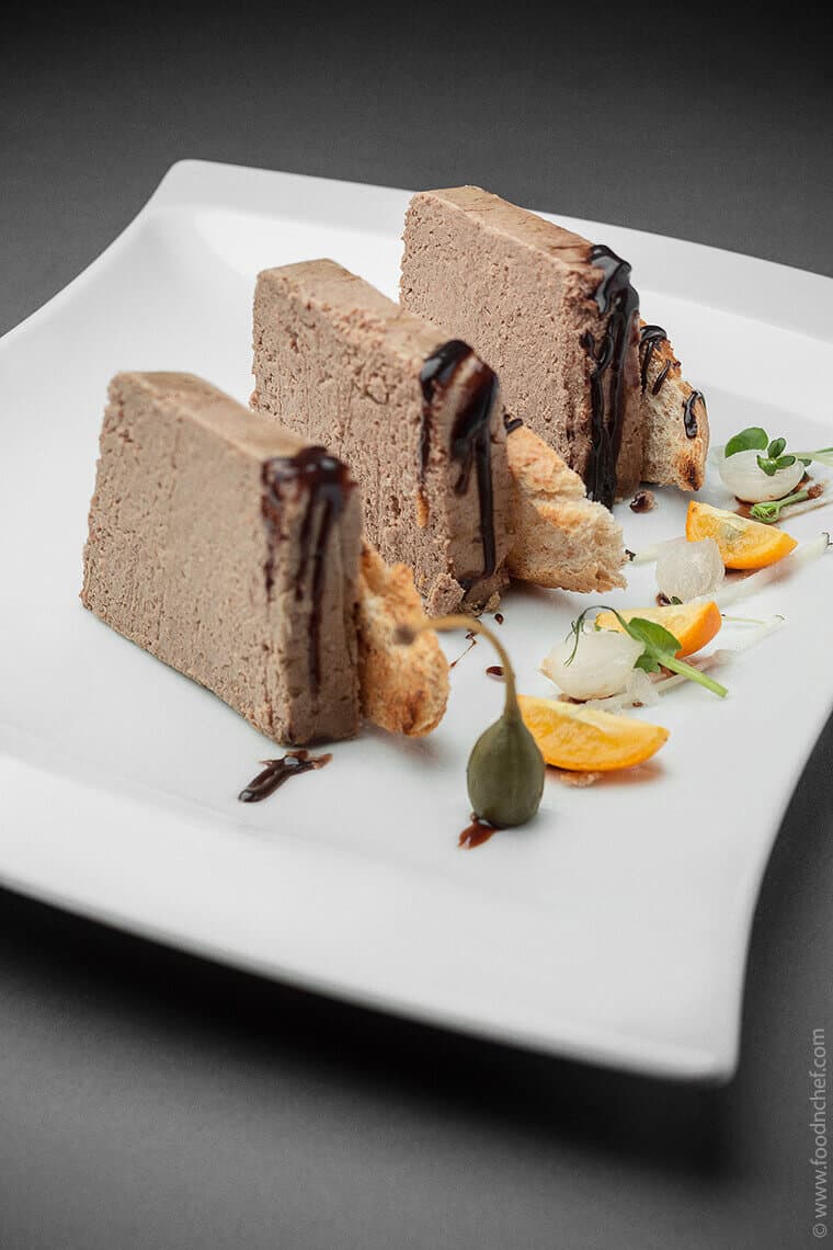 Liver pate with beef brains and caramelize red bilberry