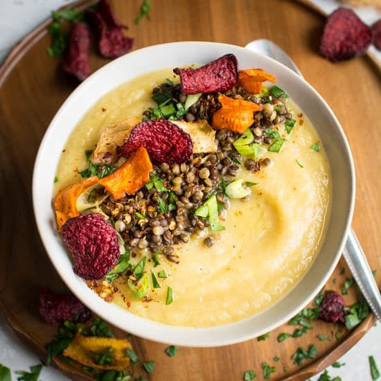 Parsnip Apple Soup with Baked Vegetable Crisps