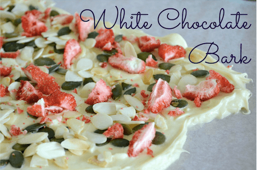 White Choc Bark with freeze-dried strawberries, almonds & pumpkin seeds