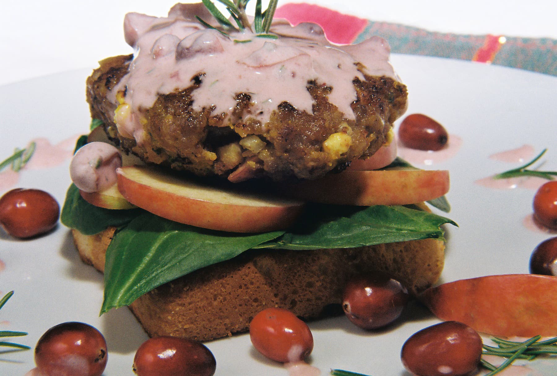 Spicy Apple & Feta Pork Burgers Topped With Cranberry Rosemary Creme Fraiche