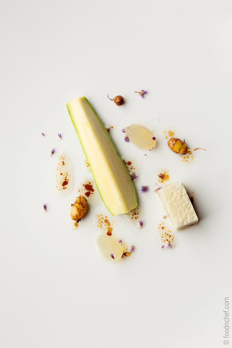 Zucchini with grilled vegetables and chicken fat