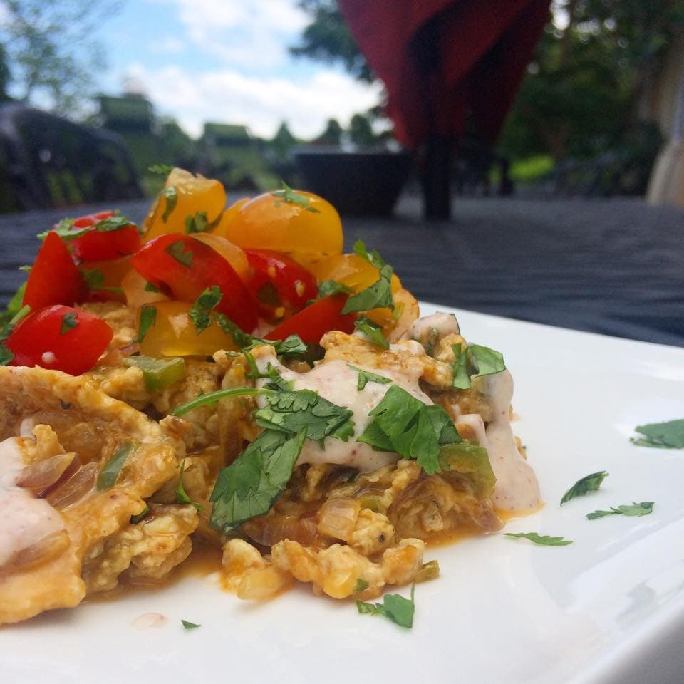 Creamy Egg Scramble with Cilantro-Mint Pico de Gallo & Spicy Crema