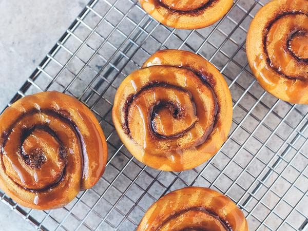 Sweet Potato Cinnamon Rolls with Boozy Caramel Glaze
