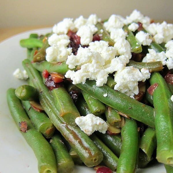 Green Beans with Cranberries, Almonds, and Goat Cheese in a Fig Balsamic Glaze