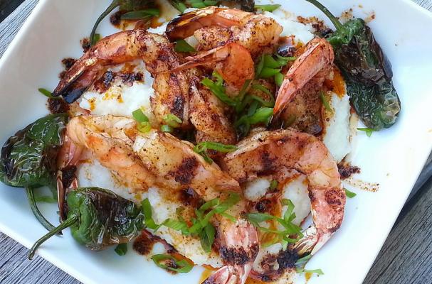 Easy Grilled Shrimp with Grits, Harissa, and Padron Peppers