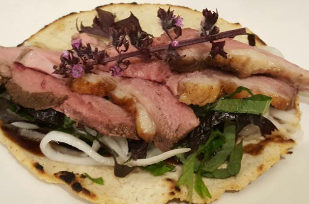 5-Spice Duck with Quick Pickled Daikon, Shiso and 5-Spice Tortillas