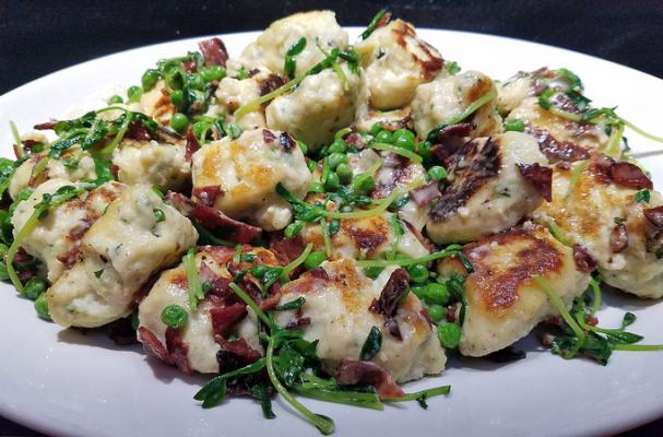 Gluten-Free Basil Ricotta Dumplings with Creamy Peas and Pea Shoots