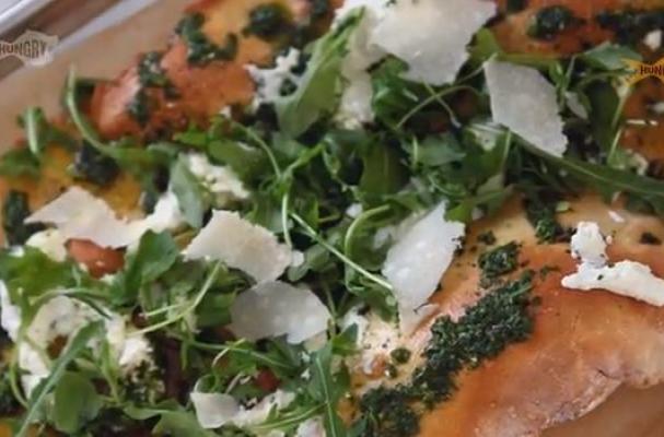 Gluten-Free Flatbread with Pesto, Homemade Ricotta, Arugula and Parmesan