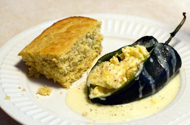 Scrambled Egg-Stuffed Poblano Chiles With Spicy Cheese Sauce