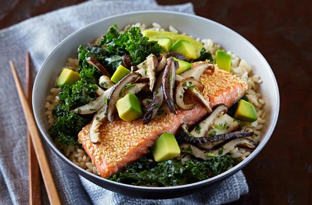 Salmon and Brown Rice Bowl with Avocado Hollandaise Sauce, Shiitake Mushroom Relish and Ginger Kale