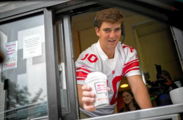 Eli Manning Works the Drive-Thru Window at Dunkin' Donuts