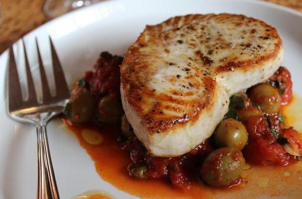 Roasted Swordfish with Manzanilla Olives, Cherry Tomatoes, and Capers