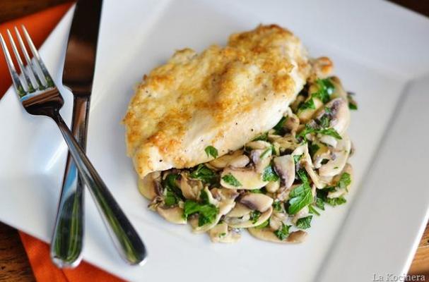 Pecorino-Crusted Chicken Breasts with Marinated Mushrooms