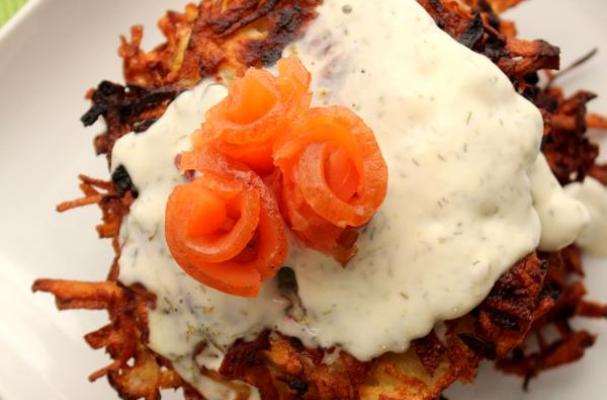 Potato Parsnip Pancakes with Dill Creme Fraiche & Smoked Salmon