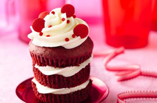 Red velvet triple-stacked cupcakes