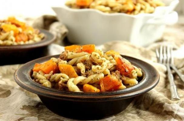 Pasta with Butternut Squash, Sausage and Sage Pesto