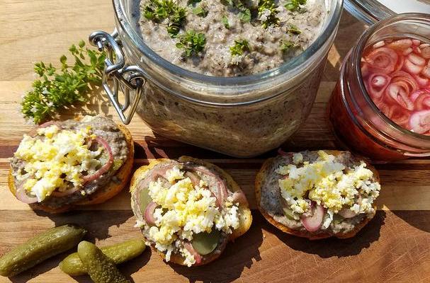 Mushroom pate with hard boiled egg, cornichon and pickled shallots